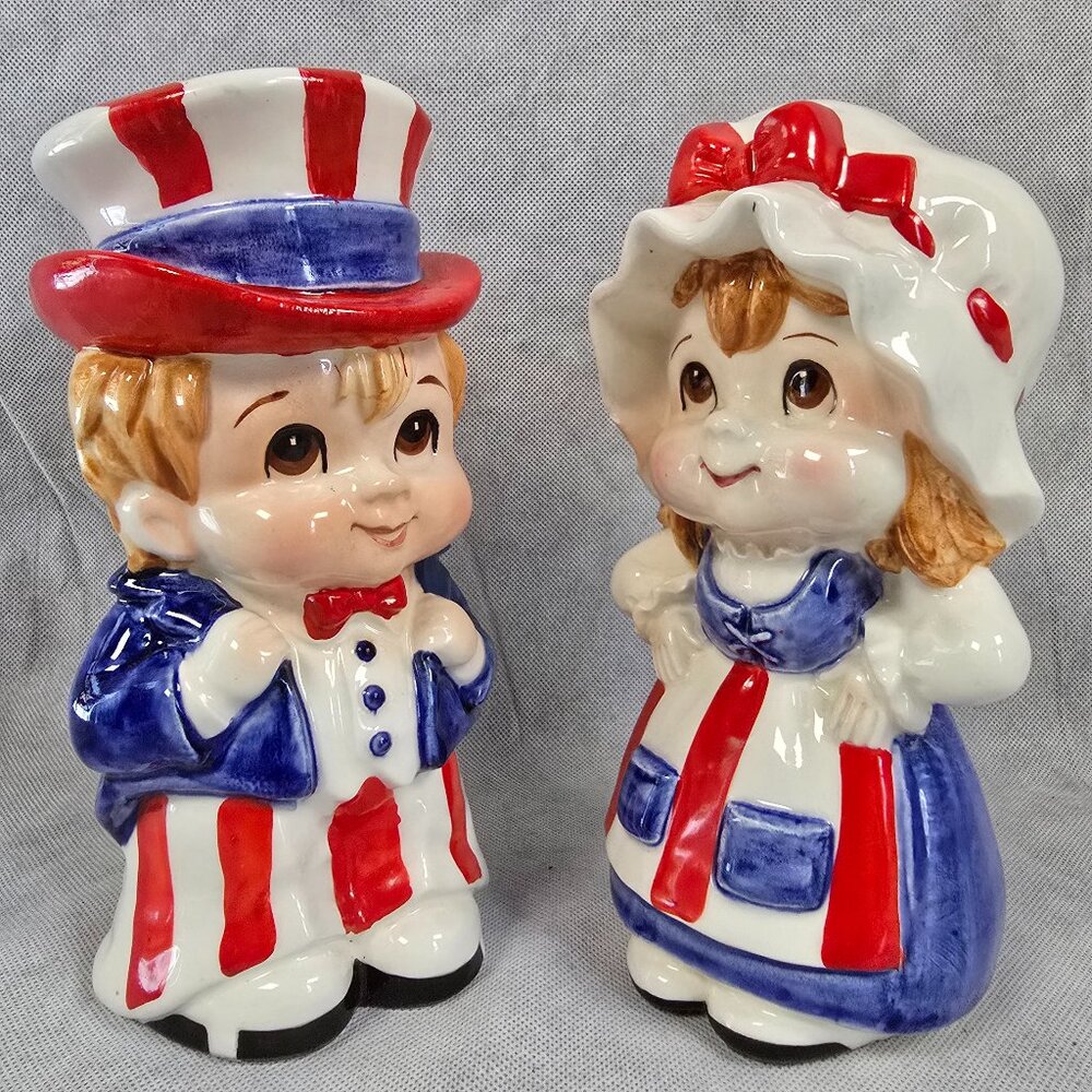Uncle Sam Kids Betsy Ross Piggy Bank Vtg Lefton Patriotic Ceramic Child Figurine